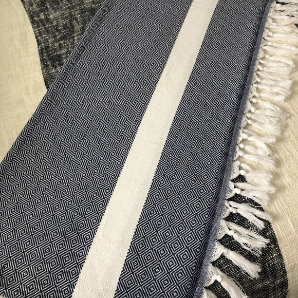 Trina Turk Fringe Throw Blanket Navy Blue White - Picture 3 of 6